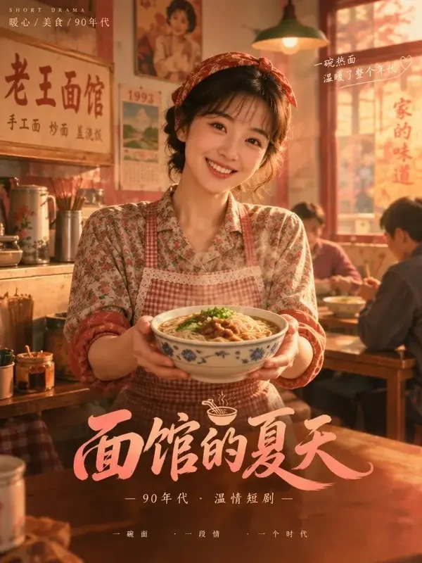 《一碗馄饨闯江湖》原创短剧海报：夜市摊前捧着一碗馄饨的周小满